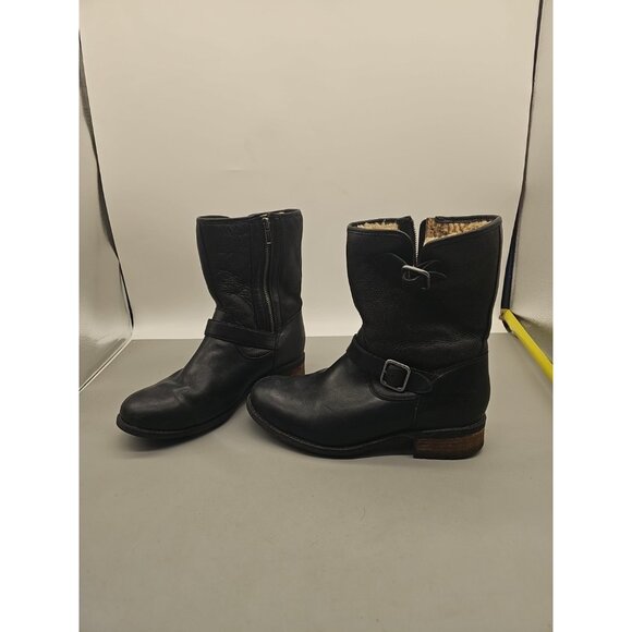 UGG Grandle Black Leather Sheepskin Lined Buckle Detail Side Zip Biker Boots 10 - Picture 1 of 9